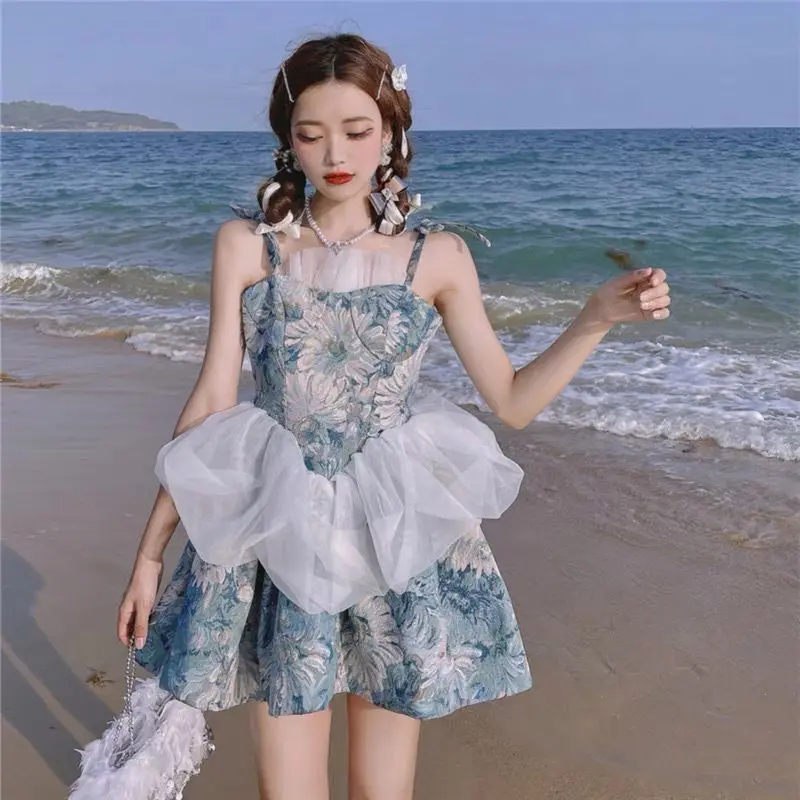 

Women Dress Summer 2022 Fashion Sexy Slim Fit Floral Print A-line Short Sleeve High Waist Party Maxi Elegant Lace Casual Dresses