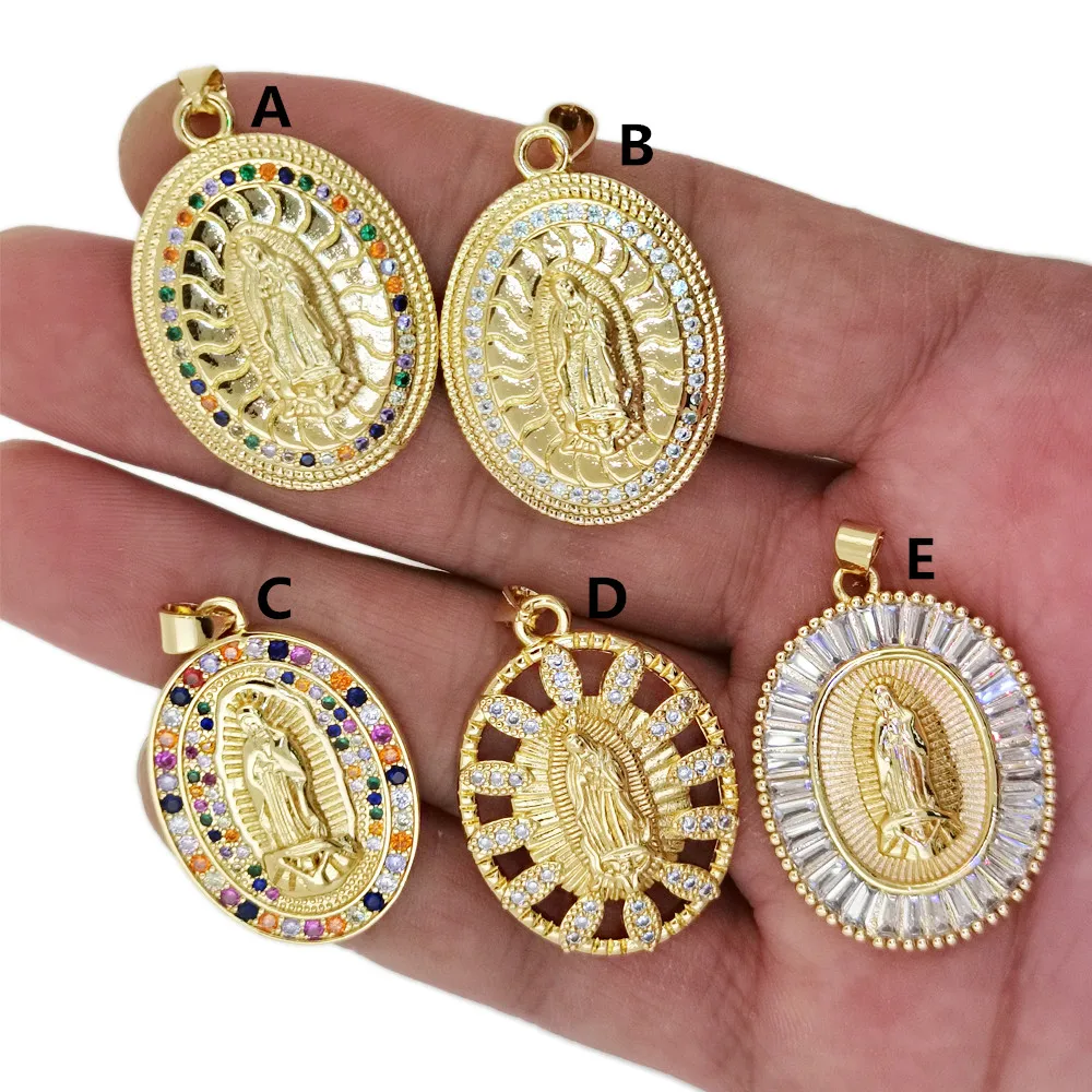 

2023 Charm Gold Plated Round Catholic Jesus Virgin Mary Amulet Pendant Zircon Jewelry Making Necklace Accessories