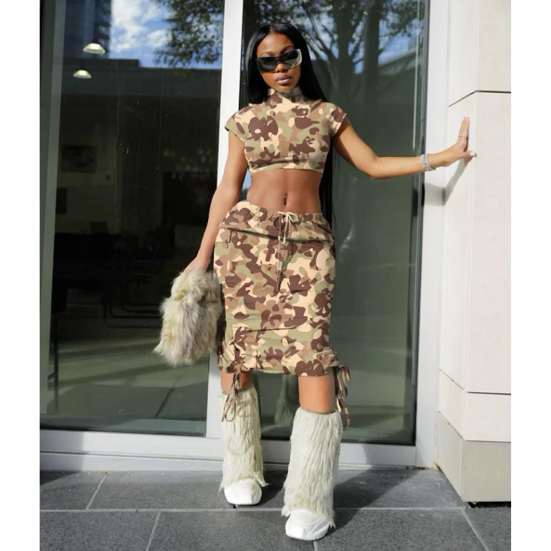 

Женская футболка с оборками и юбка миди KEXU, камуфляжная мини-футболка с боковым кулиском и юбка с оборками, комплект из двух предметов в уличном стиле