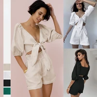 spring and summer new products solid color fashion sexy knotted cotton linen cardigan top shorts casual suit
