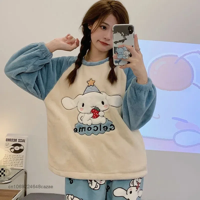 2023 New Home Clothes Y2k Fluffy Pajamas Tops Pants 2 Piece Set Women Plush Sleepwear Suit Female Matching Oufits