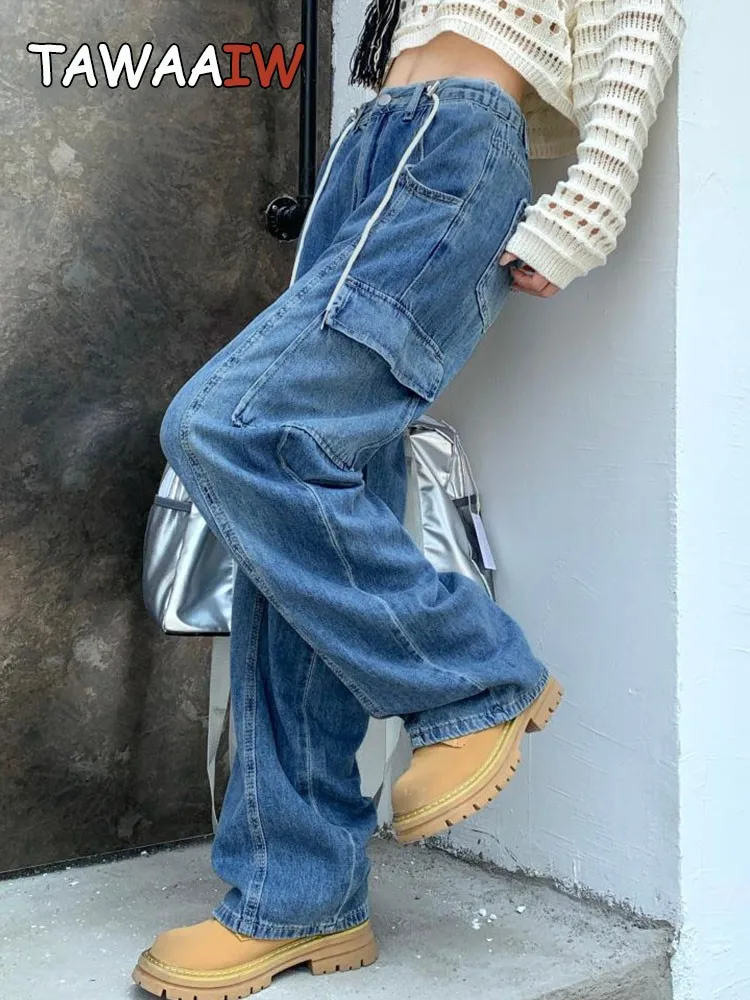 

Женские джинсы с эластичным поясом Tawaaiw, синие брюки с высокой талией и широкими штанинами, свободные джинсы в американском стиле ретро