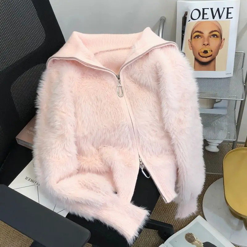 Gaganight женский мохеровый белый свитер с высоким воротом 2024 куртка-кардиган