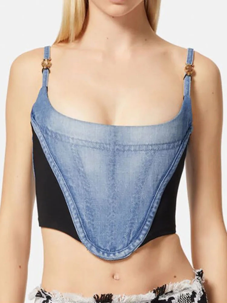 

y2k fashion splicing fishbone denim camisole 2023 new sleeveless sexy breastless backless womens clothing crop top women