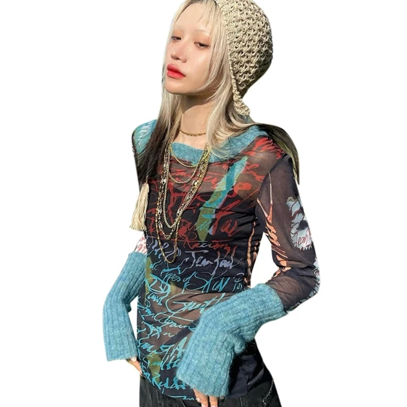 

Женская Сетчатая футболка с длинным рукавом в стиле Харадзюку