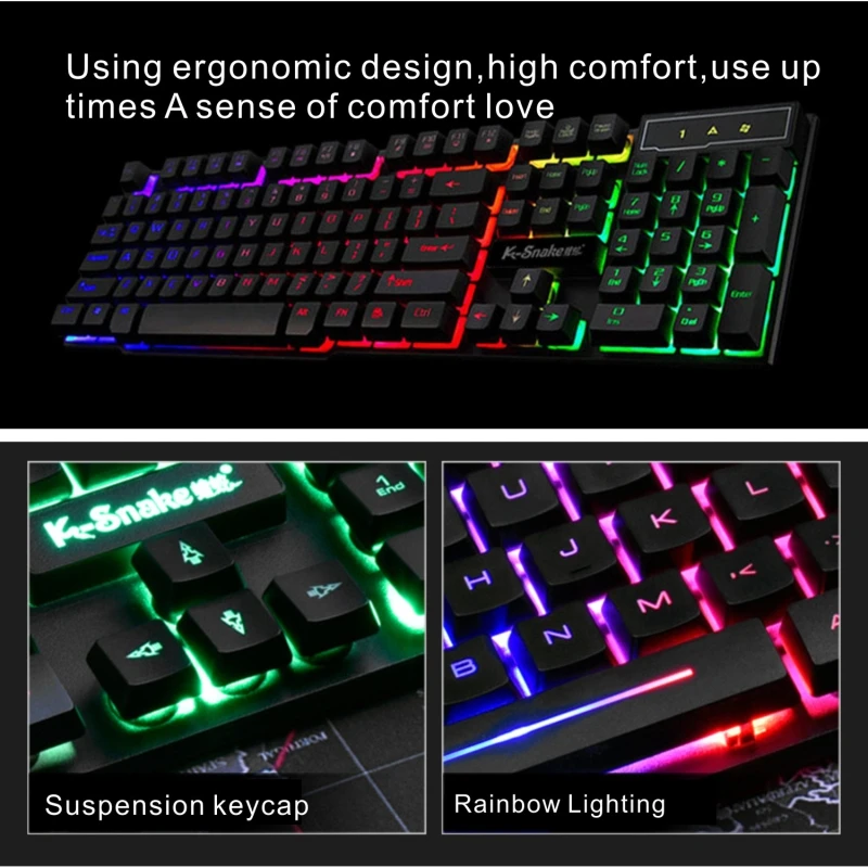 Игровая клавиатура Gamer для ПК, ноутбука, настольного компьютера с RGB-подсветкой, эргономичным дизайном, защитой от воды, мультимедийной функциональностью и механическими клавишами.
