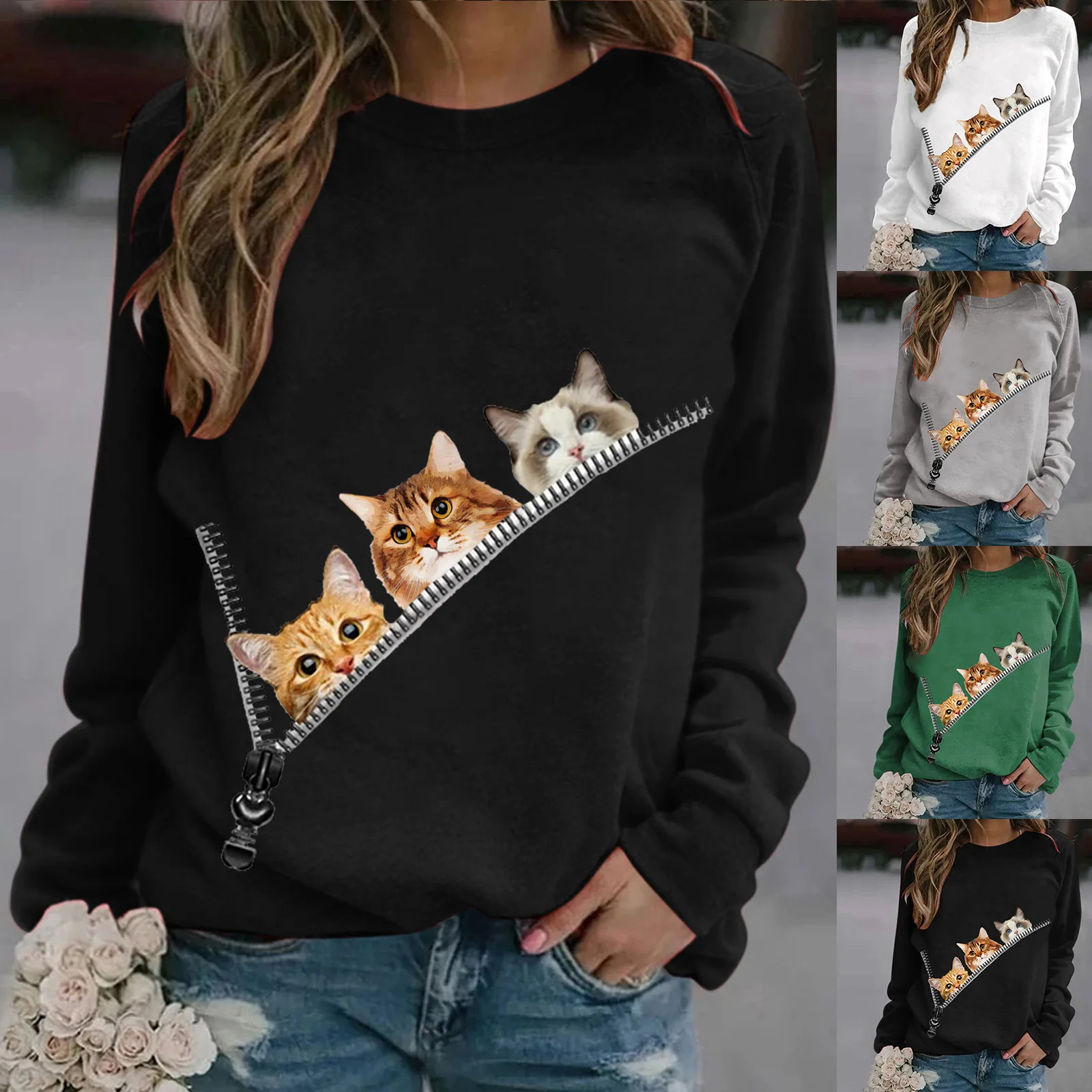 

Spring and Autumn New Cat Print Pattern Fashion Women's Sweater Female & Lady Casual Tops
