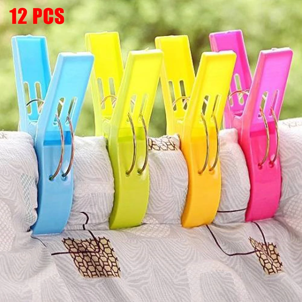

12pc Plastic Clothes Clips Clothespins Large Beach Towel Laundry Bath Towel Clip Home Drying Racks Powerful Spring Clamp