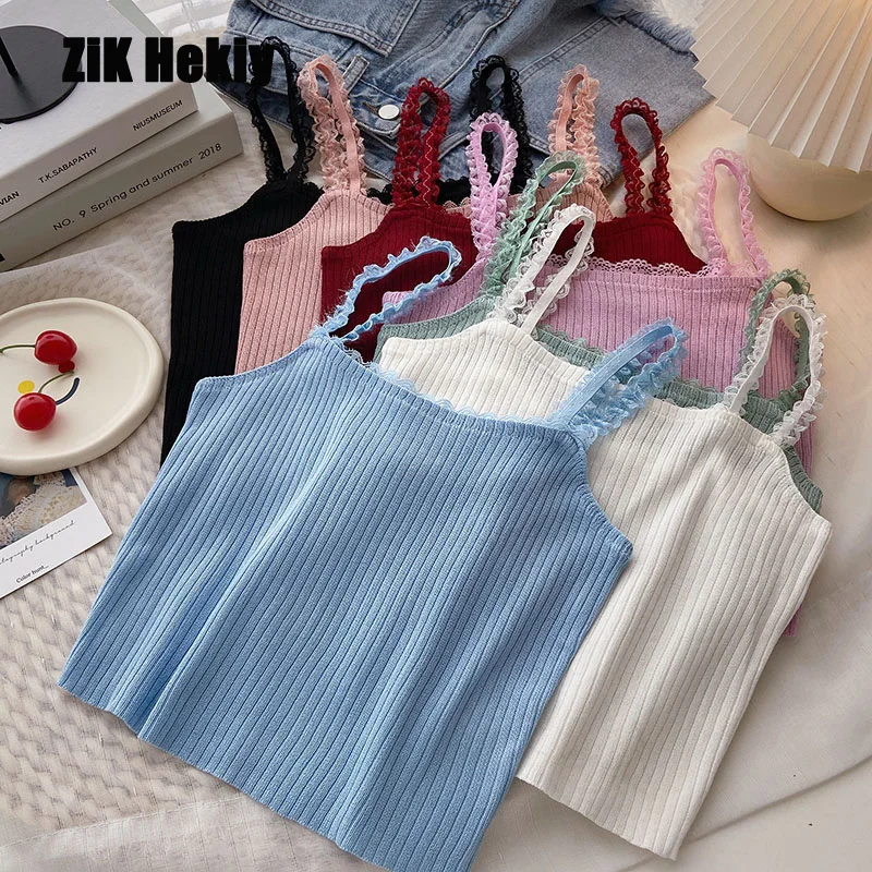 Купи Zik Hekiy Women Vertical Stripes Solid Color Wave Edge Small Camisole Female Summer Solid Color Bottoming Shirt Camisole Women за 299 рублей в магазине AliExpress