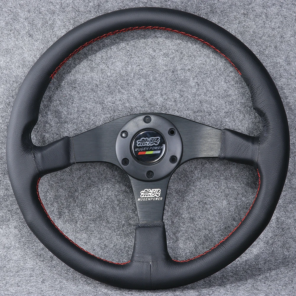 14inch/350mm Mugen Genuine Leather Racing Tuning Drift Sport Steering Wheel with Red Stitching
