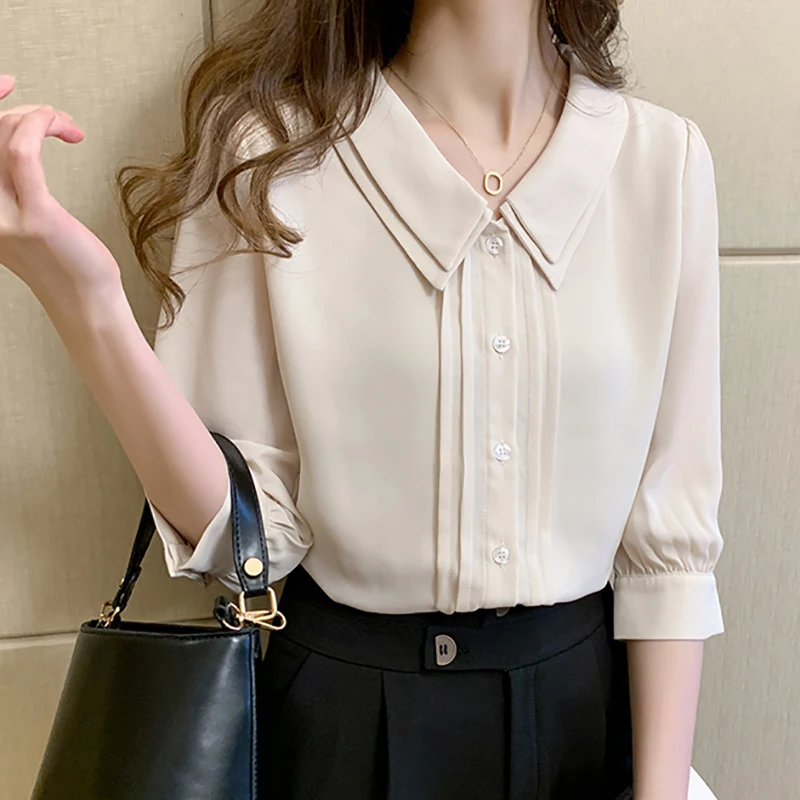 

Peter Pan Collar Pullover Shirt Women 2022 Summer Tops Half Sleeve Casual Woman Clothes Button Chiffon Blouse Chemisier Femme