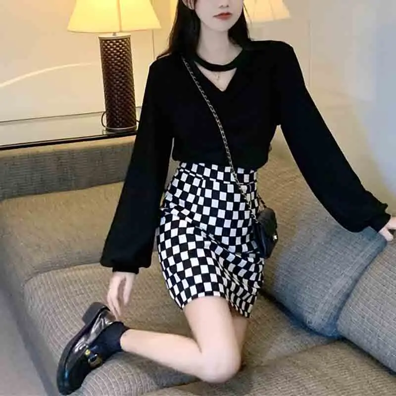 

Модный повседневный костюм с юбкой, женские комплекты с платьем, Новинка весна-осень 2023, Топ с длинным рукавом и круглым вырезом и юбка в кле...