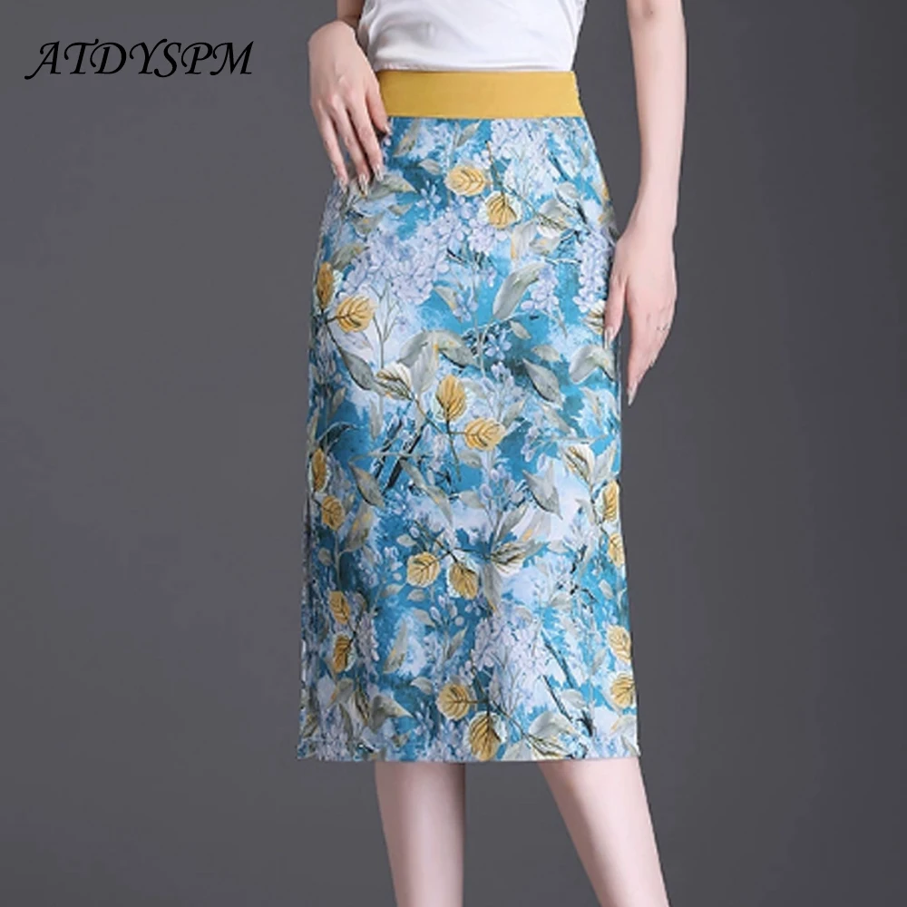 

Summer Thin And Comfortable Ice Silk Flower Printed Skirts For Women High Waist Split Wrap Hips Casual Straight Midi Skirts