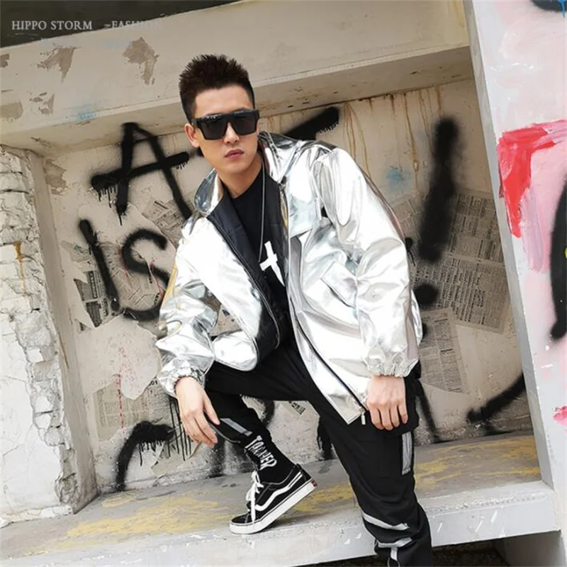 Hip-hop hooded coats mens PU leather jacket stage nightclub trendy singer male host dance loose clothes