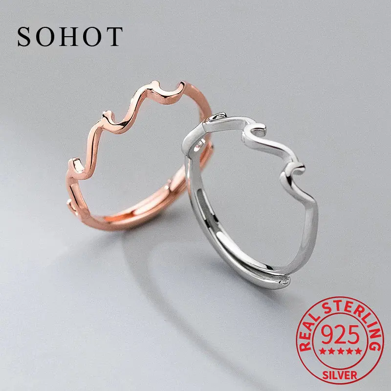 

Real 925 Sterling Silver Wave Line Adjustable Ring For Charming Women Party Trendy Fine Jewelry Minimalist Accessories