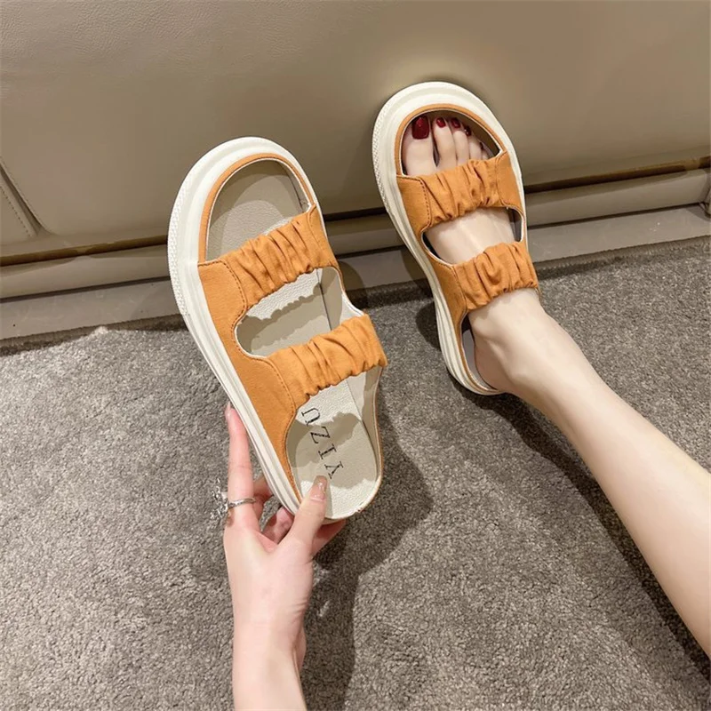 

Pantuflas Outside Flat Woman Slippers Fashion Pleated Women Shoes Breathable Light Non-slip Slippers Casual Ladies Shoes Femme