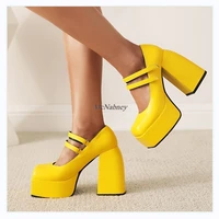 vegan leather yellow punk rock thick chunky sole high heels two strap mary jane women shoes platform handmade to order big size
