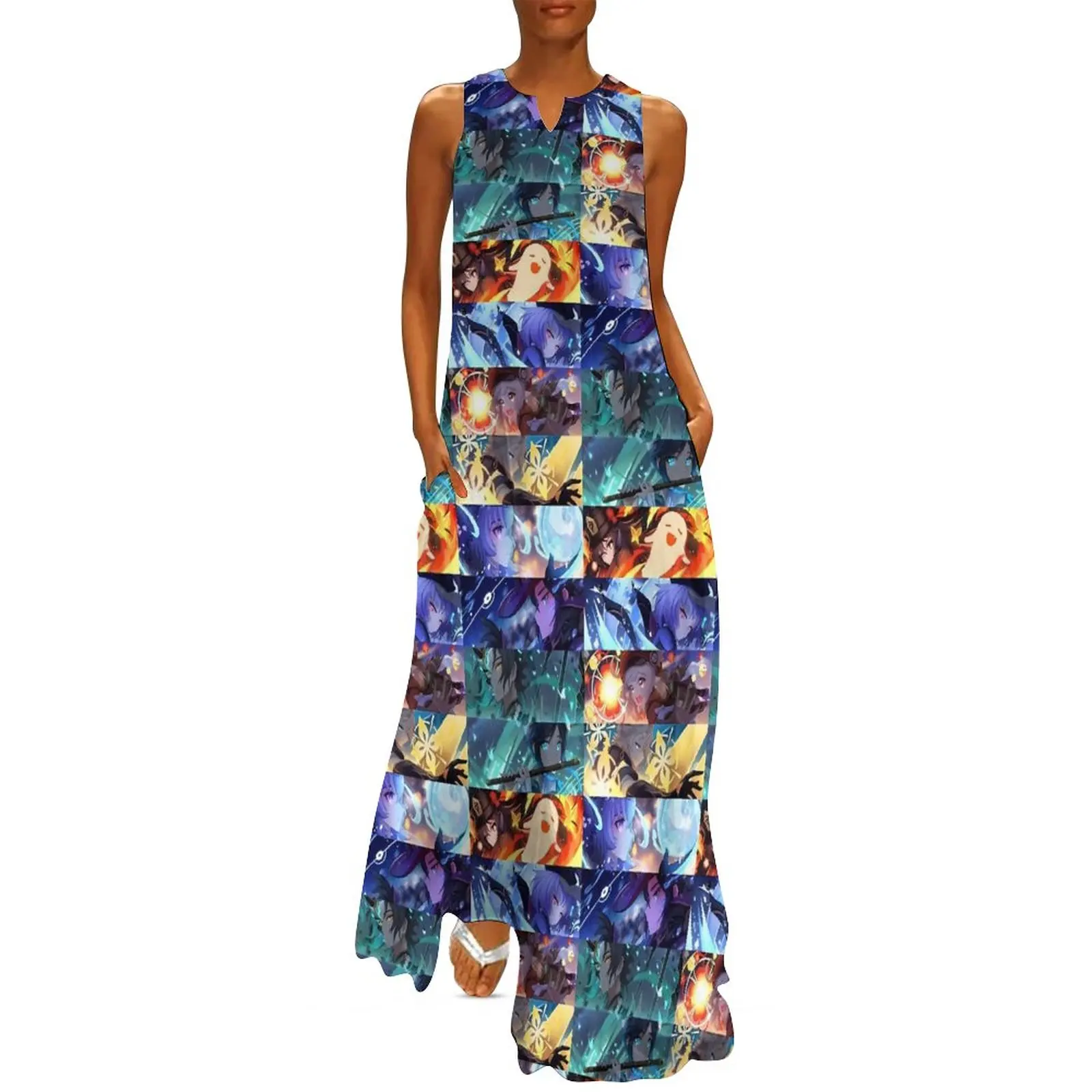 

Genshin Impact Dress Cartoon Print Elegant Maxi Dress Streetwear Casual Long Dresses Summer V Neck Design Vestido Big Size 5XL