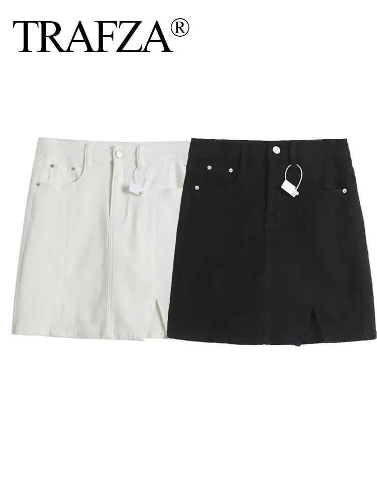 

TRAF ZA Female Black And White Mini Slim Skirts Solid Color High Waist Slit Pockets Button Zipper Summer Skirts for Women 2023