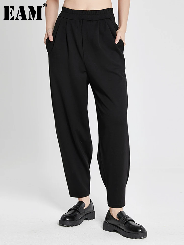 

[EAM] Черные Короткие Длинные шаровары на молнии с высокой эластичной резинкой на талии, новые свободные брюки для женщин, модные демисезонны...