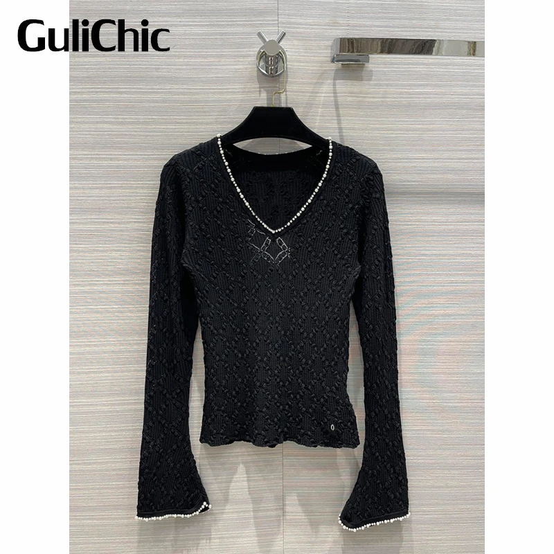 

11.24 GuliChic Women Temperament Fashion Black Pearls Hollow Out Argyle Knitted V-Neck Slim Short Thin Pullover Knitwear