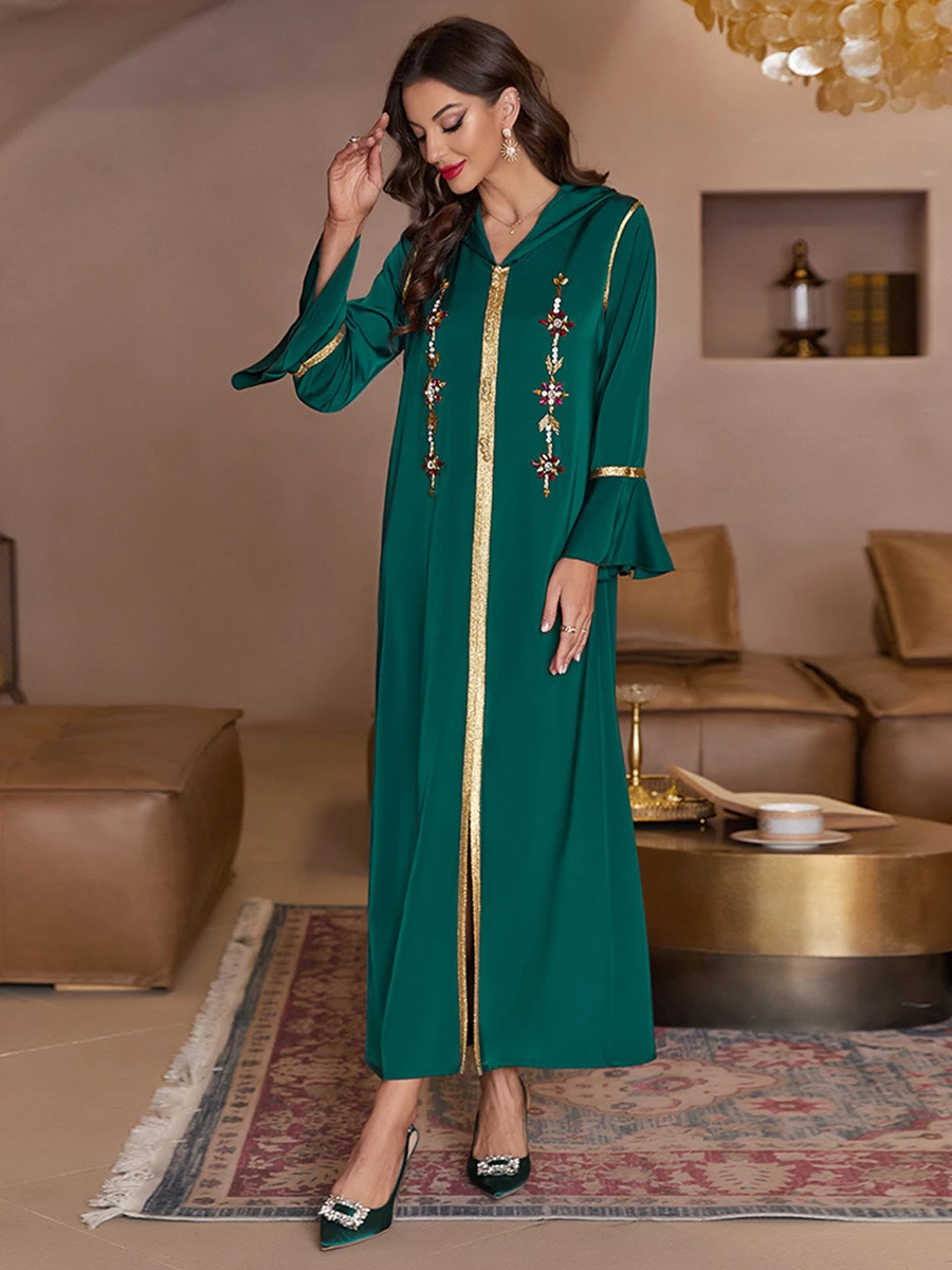 Women's Elegant Party Dresses Hoodie Flare Sleeve Urban Casual Robe Diamonds Button Design Muslim Kaftan Abaya Dubai