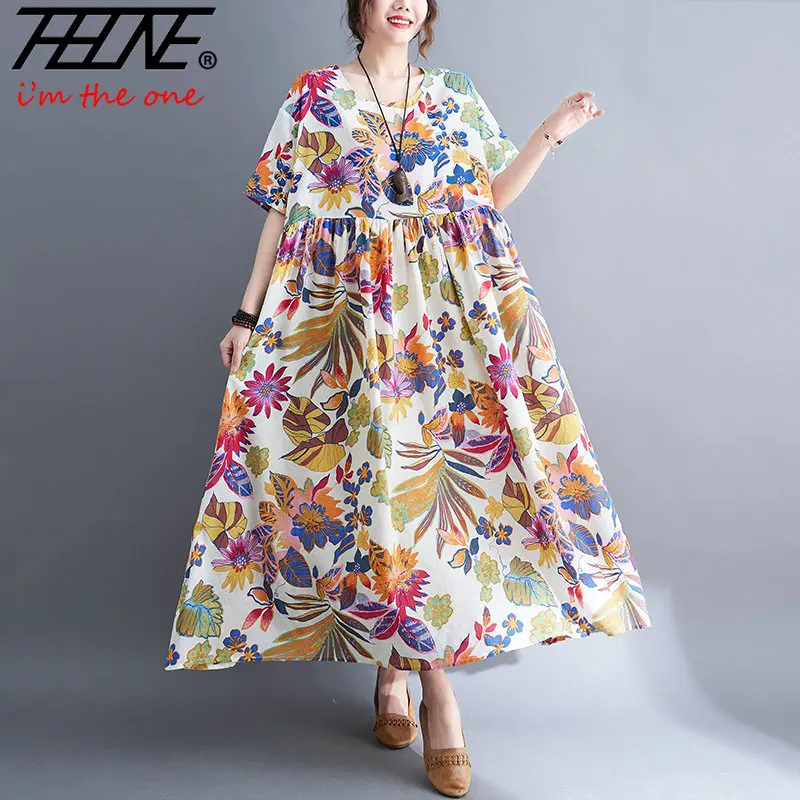 

Plus Size Oversized Floral Summer Dress Women 2023 Vestido Feminino Loose Casual Korea Ladies Cotton Beach Women Print Dresses