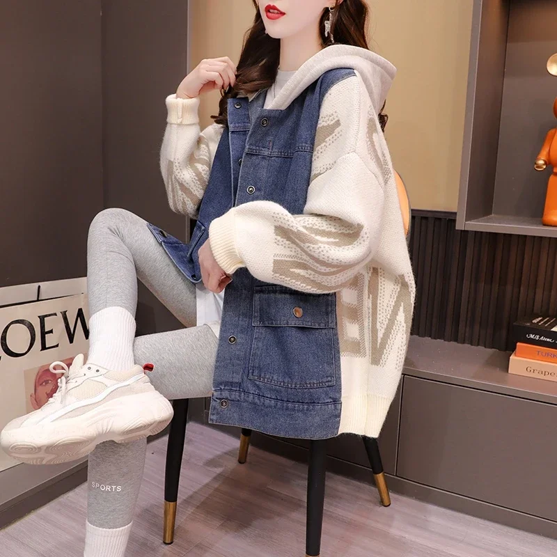 Осенне-зимний новый модный джинсовый свитер в стиле пэчворк кардиган женский