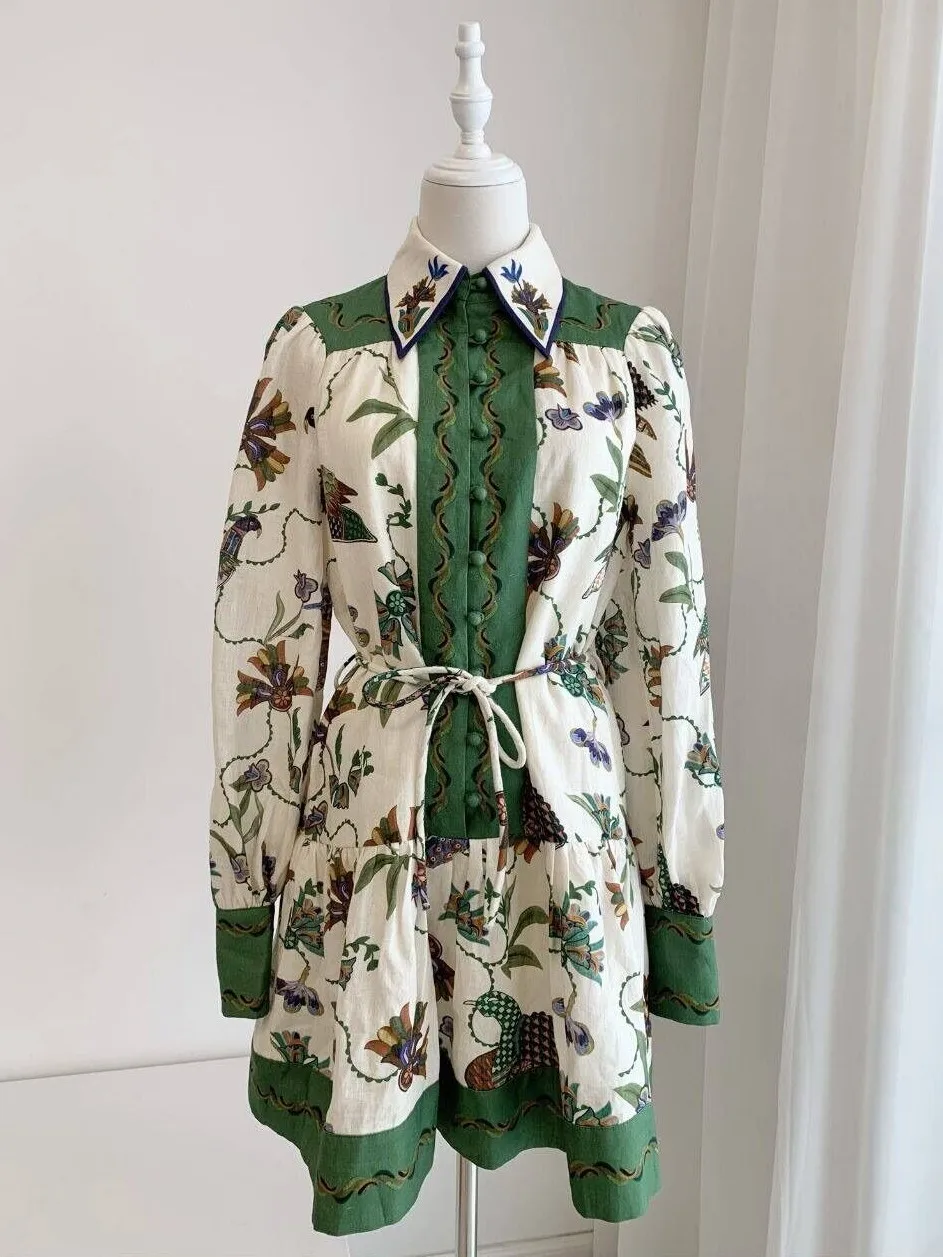 

Women Green Floral Print Turn-Down Collar Long Sleeve Elegant 100% Linen Mini Dress