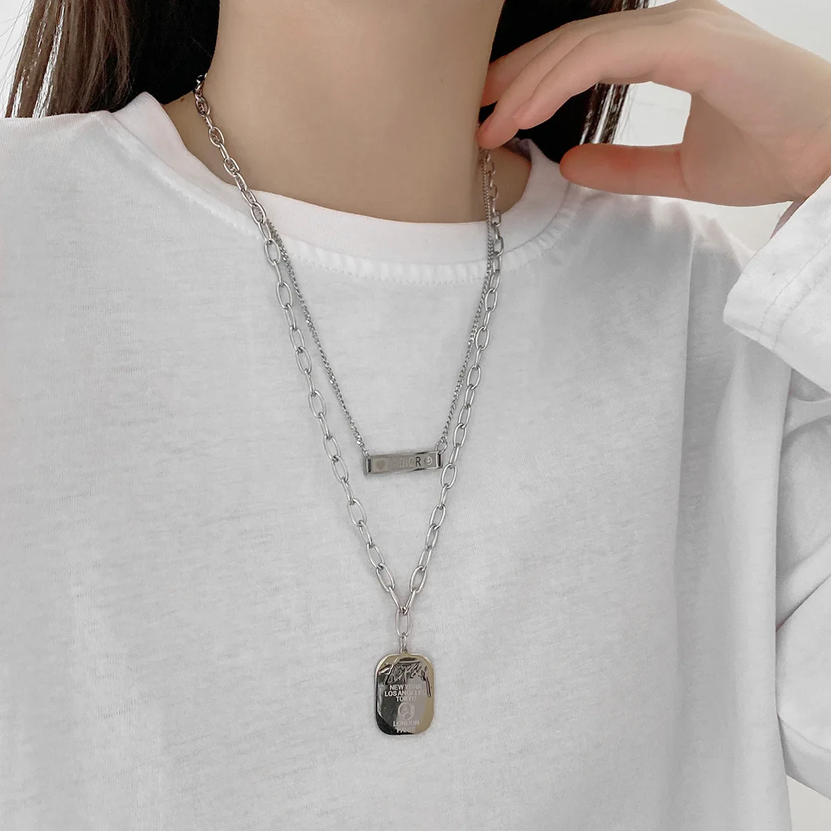 

Layered Silver Necklaces for Women Dainty Trendy Paperclip Planted Stainless Steel Chain Square Pendant Necklace Jewelry Gifts