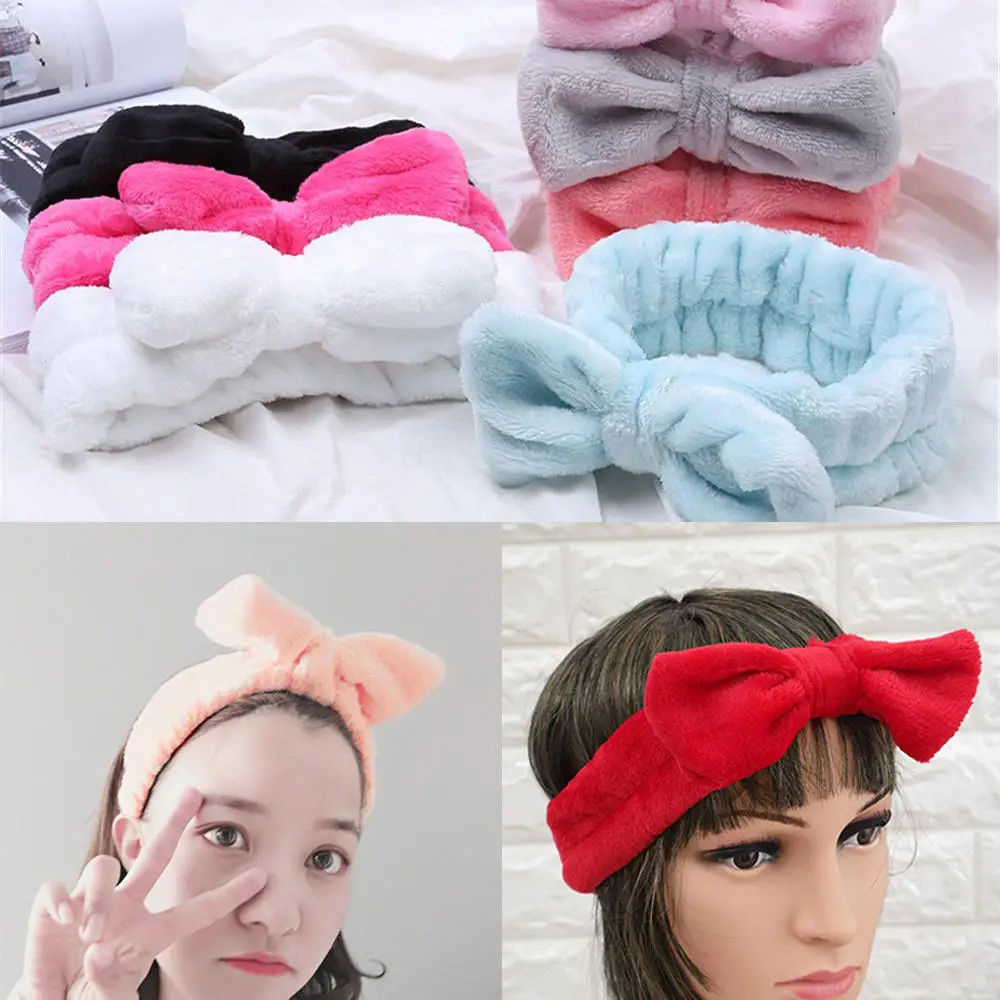 Женская повязка для волос из кораллового флиса с бантом однотонная эластичная на