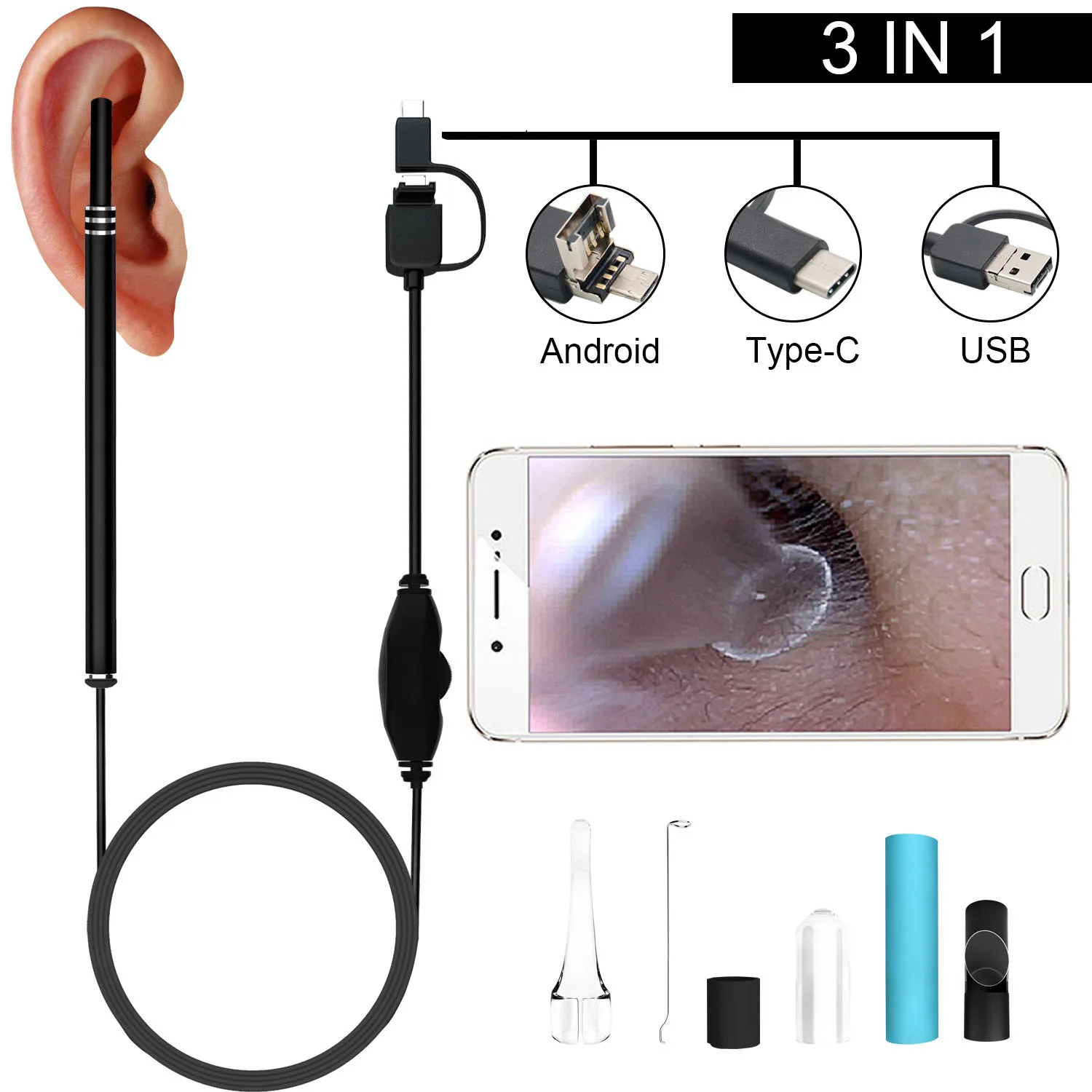 

Medical In Ear Cleaning Endoscope Spoon Mini Camera Ear Picker Ear Wax Removal Visual Ear Mouth Nose Otoscope Support Android PC