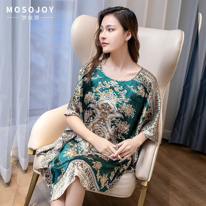 

New Arrival Lake Blue Chinese Women Silk Rayon Robe Dress Sexy Summer Printed Floral Nightwear Kimono Bath Gown Flowers One Size