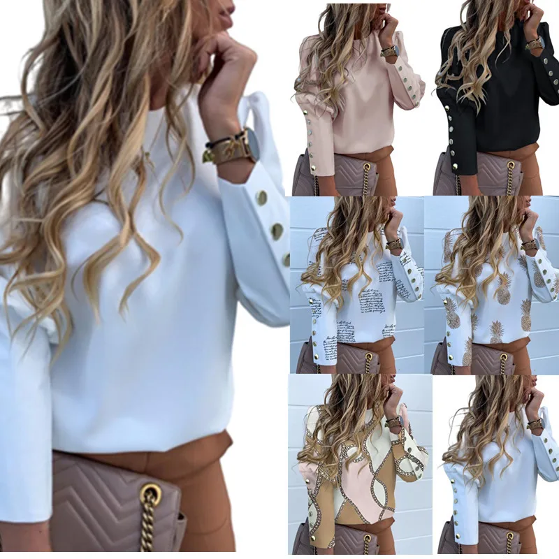 

Leopard Blouse for Women 2022 Spring Women Fashion Button Long Sleeve Round Neck Shirt Woman Casual Metal Chain Print Loose Tops
