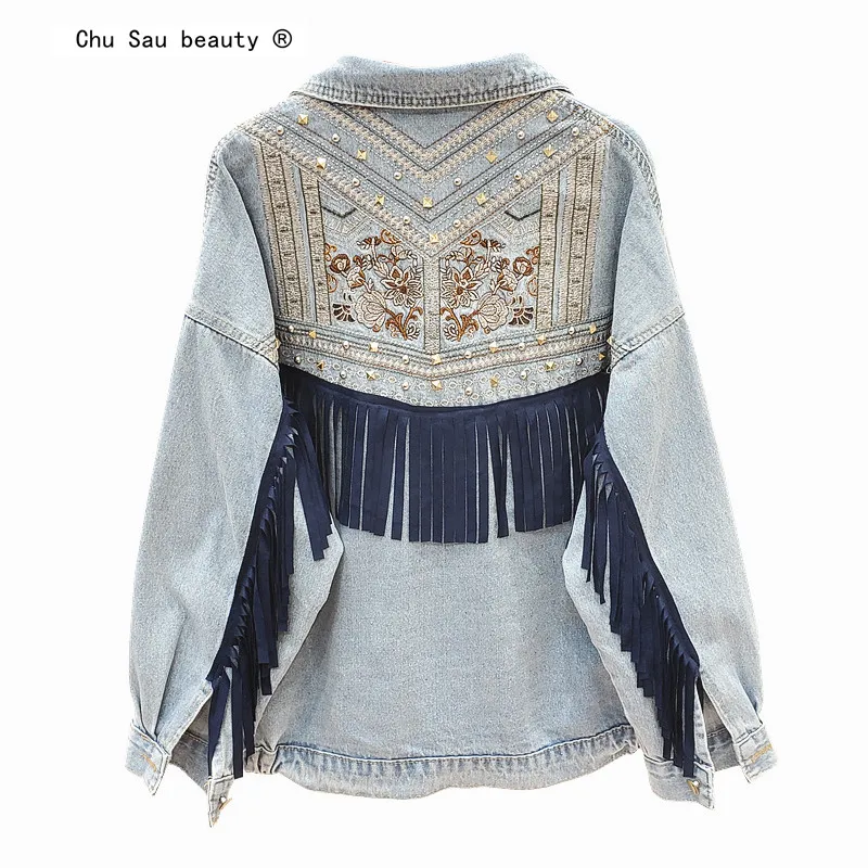 

2022 Spring Autumn New Embroidered Tassel Denim Coat Top Korean Vintage Ethnic Style Loose Jacket Women