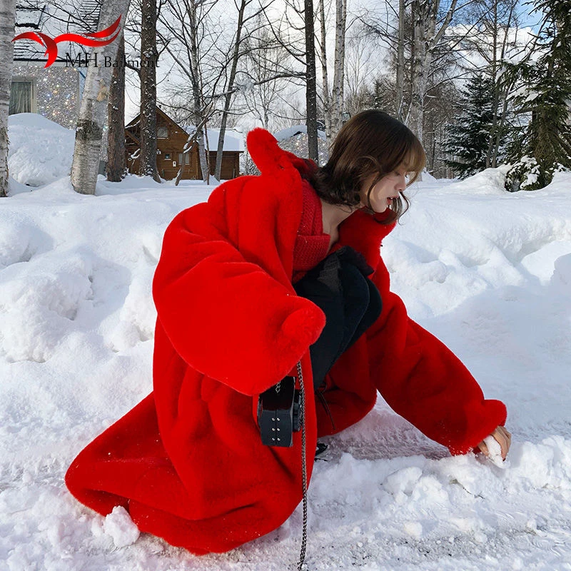 

High Quality Faux Rabbit Fur Coat Winter Women Luxury Long Coat Loose Lapel OverCoat Thick Warm Female Plush Coats Red Overcoats