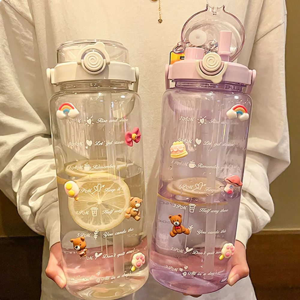 

2000ml Water Bottle with Straw Female Jug Girls Portable Travel bottles Fitness Bike Cup Summer Cold Water Jug with Time Marker