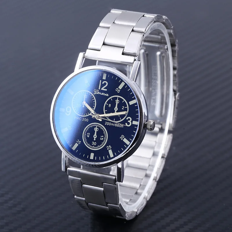 

Fashionable casual men's watch new neutral watches Geneva false eye colour blue glass steel band watches men quartz watch