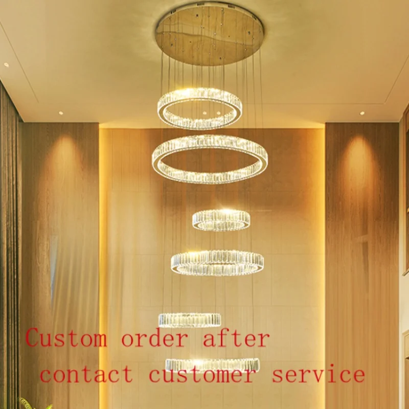 

modern golden high end hanging type round rings led pendant crystal lamp luxury Chandelier Crystal For Stairs decor