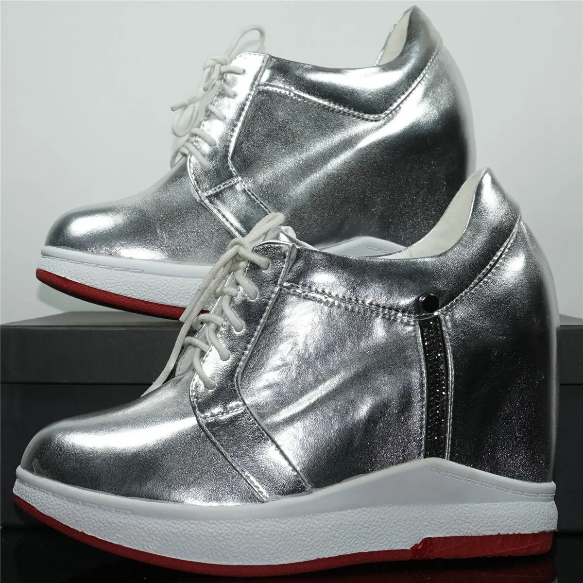 Fashion Sneakers Women Lace Up Genuine Leather Wedges High Heel Vulcanized Shoes Female Round Toe Platform Pumps Casual Shoes