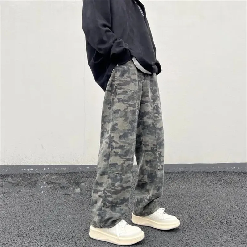 Джинсы-карго мужские камуфляжные прямые штаны свободные брюки с пуговицами и
