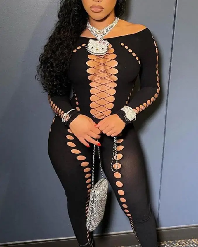 

Long Sleeve Hollow Out Skinny Jumpsuit