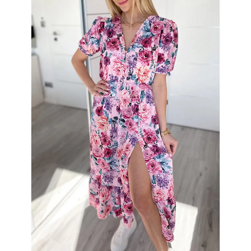 

Floral Print Summer Dress Woman Split Short Sleeve Beach Style Dresses for Women 2022 V-Neck Petal Sleeve Maxi Dress Female New