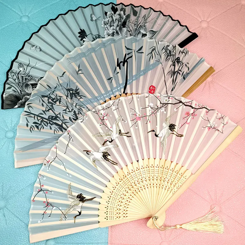 

Japanese Style Folding Fan Bamboo Bone Silk Cloth Fan Hanfu Portable Dance Fan Gifts Photography Prop Performance Decoration