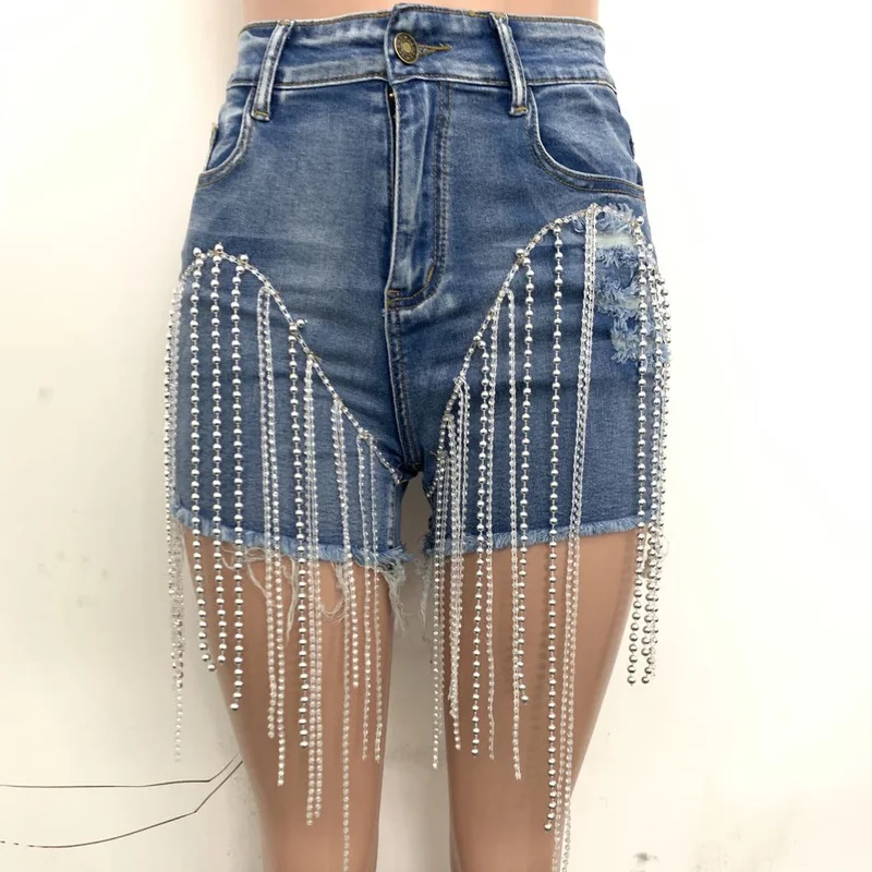 2022 Summer Fashion Ladies Sexy Ripped Beaded Fringe Zipper Personality Temperament Skinny Denim Shorts Women Oversize