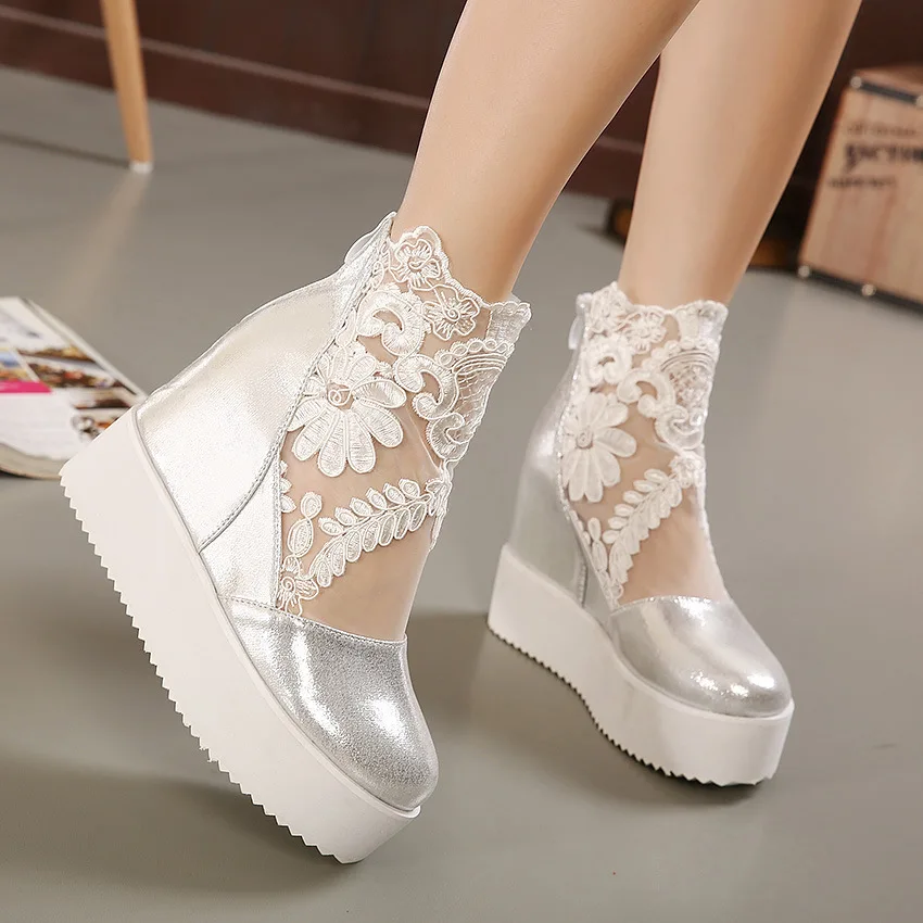 New Women Wedge Platform Black Rubber Lace Leather High heels Lace Sexy Shoes Pointed Toe Height Women's high heels White Silver
