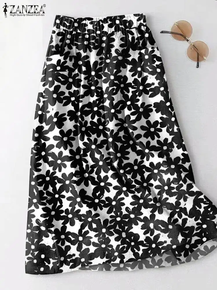 

ZANZEA Holiday Loose Faldas Beach Casual Skirt 2023 Summer Elastic Waist Skirts Pocket Women Bohemian Floral Print Long Jupe