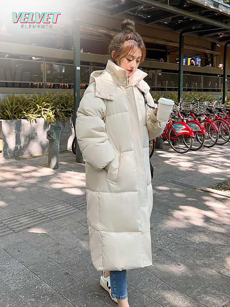 VelvetElements Korean Jacket Women Winter X-long Parkas Solid Hooded Thicken Warm Female Snow Wear Coat Padded Loose Clothes