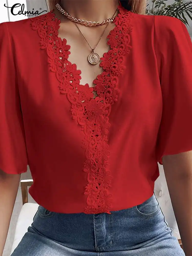 

Celmia 2022 Summer Fashion Shirts Office Lace Solid White Ruffled Short Sleeve Blouses V-neck Women Elegant Tunic Tops Blusas