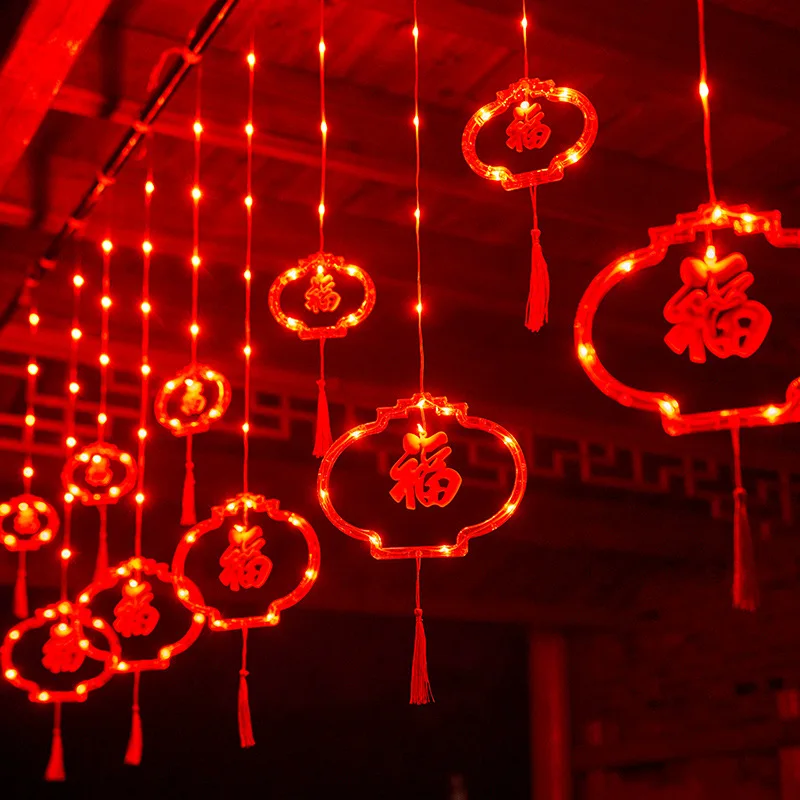 Chinese Red Lantern Lamp Tassels String Lights Traditional Chinese Red Lantern Led String Light 2023 New Year Decor